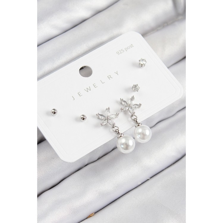 Pirinç Zirkon Taşlı İnci Sallantılı Çiçek Model Gümüş Renk 925 Ayar Gümüş Çivi Kadın Küpe Set - TJ-BKP11175