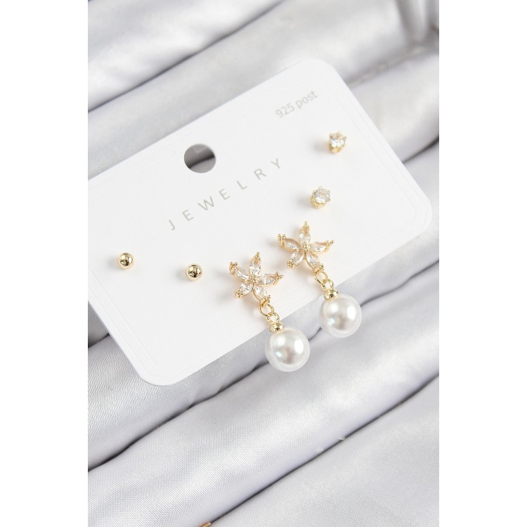 Pirinç Zirkon Taşlı İnci Sallantılı Çiçek Model Gümüş Renk 925 Ayar Gümüş Çivi Kadın Küpe Set - TJ-BKP11176