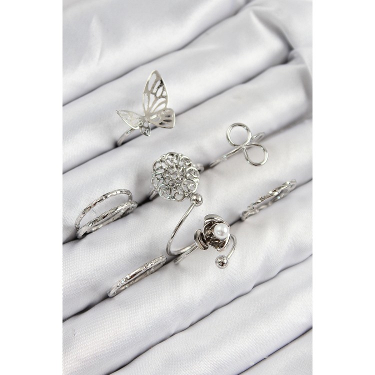 Rice Flower Butterfly Design Silver Color Women's Ring Combination Set - TJ-BYK3810