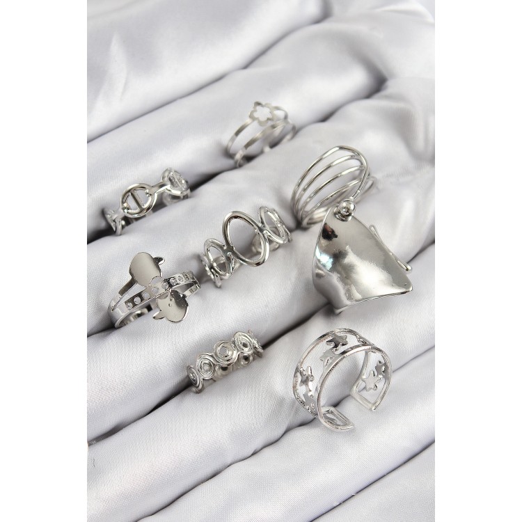 Rice Spiral and Star Pattern Silver-Colored Women's Ring Combination Set - TJ-BYK3812