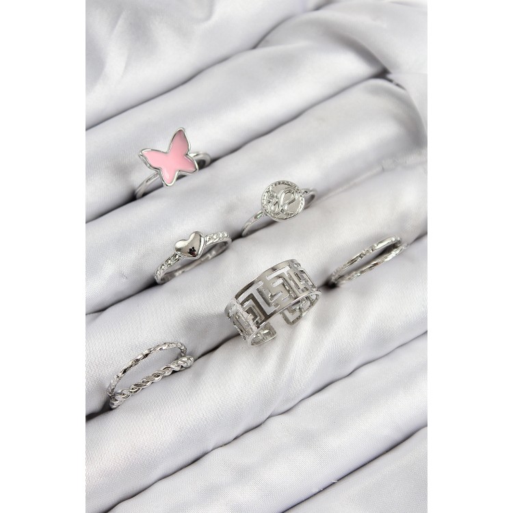 Rice Butterfly and Heart Design Silver-Colored Women's Ring Set - TJ-BYK3816