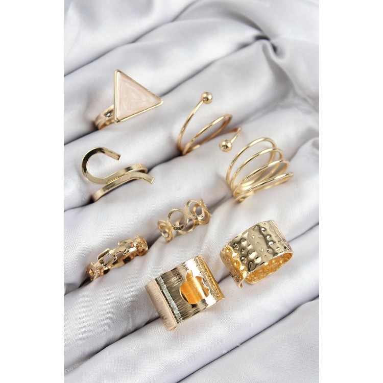 Gold-Colored Women's Ring Combination Set with Triangle Rice Design - TJ-BYK3821