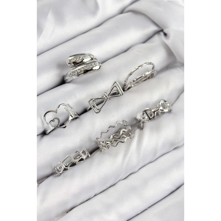 Rice Zircon Stone Bow and Heart Design Silver-Colored Women's Ring Combination Set - TJ-BYK3822