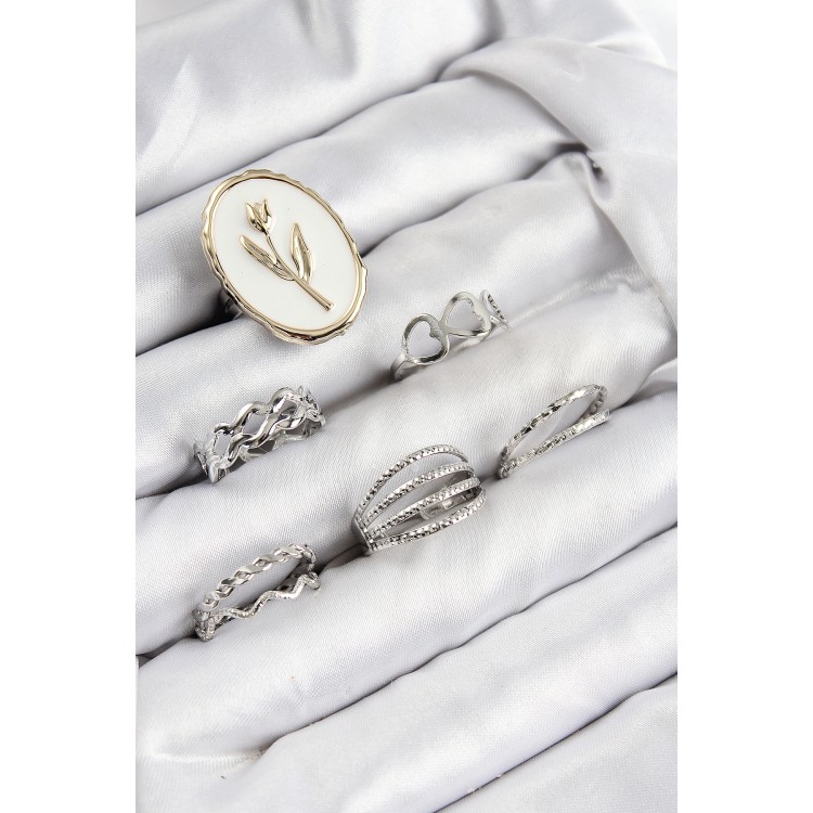 Rice Zircon Stone Tulip Model Silver Color Women's Ring Combination Set - TJ-BYK3824