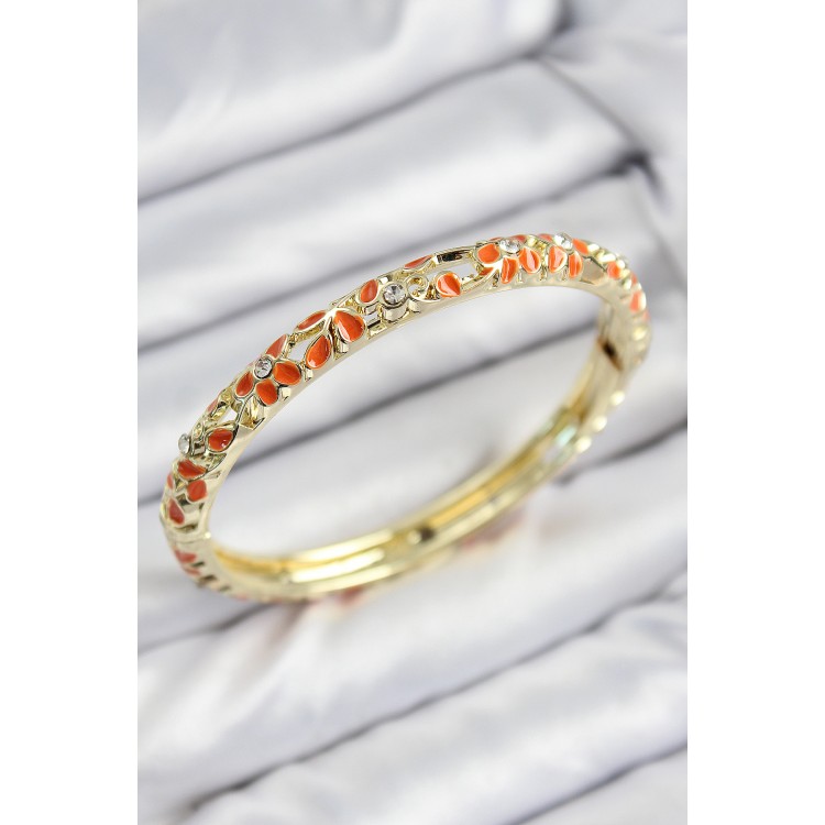 Gold Women's Bracelet with Orange Flower Motif, Zircon Stones, and Mineli Brass - TJ-BB7761