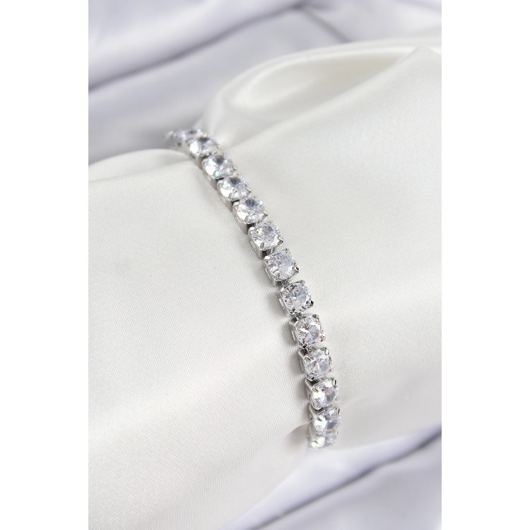 Pirinç Zirkon Taşlı Kare Model Gümüş Renk Asansörlü Kadın Bileklik - TJ-BB7763