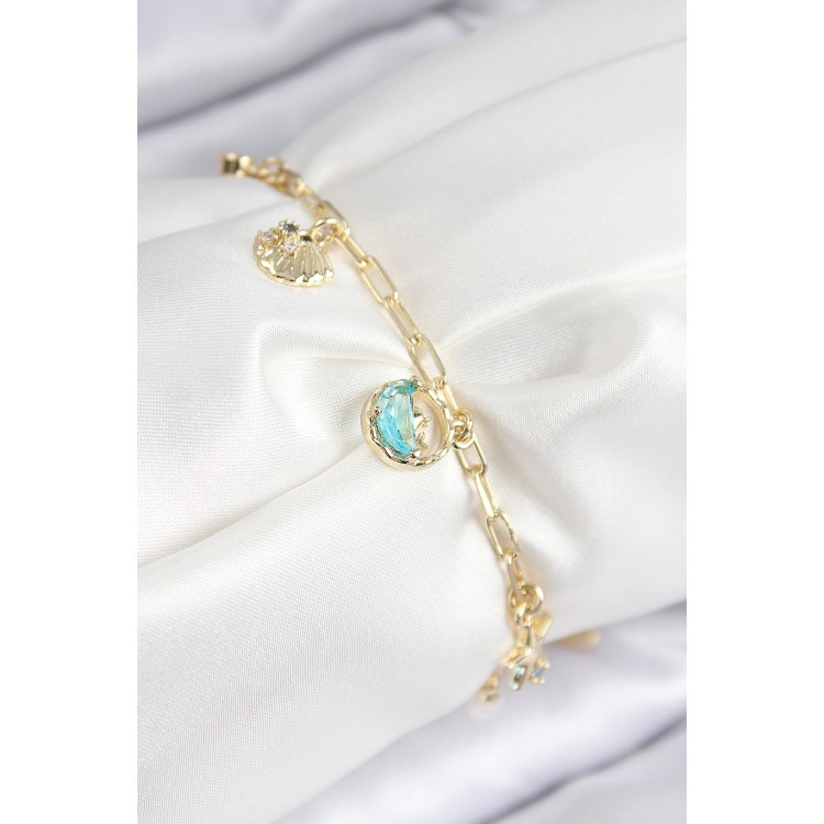 Pirinç Zirkon Taşlı İstiridye Model Gold Renk Kadın Bileklik - TJ-BB7773