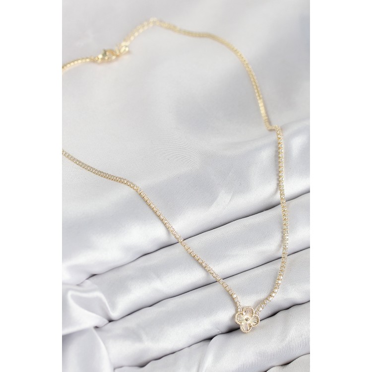 Pirinç Zirkon Taşlı Yonca Model Gold Renk Kadın Kolye - TJ-BKO10490