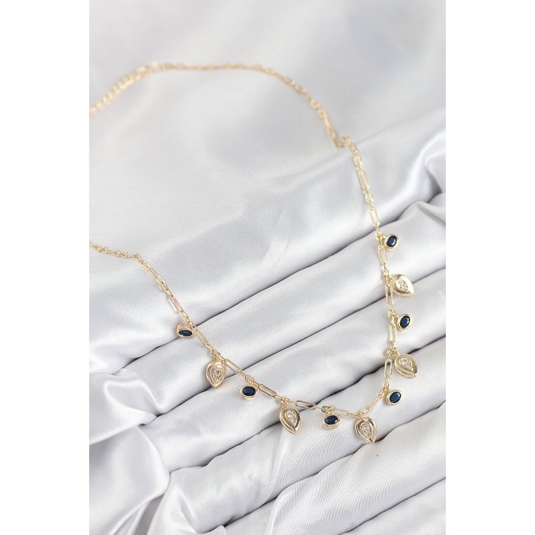 Pirinç Zirkon Taşlı Sallantılı Damla Model Gold Renk Kadın Kolye - TJ-BKO10494