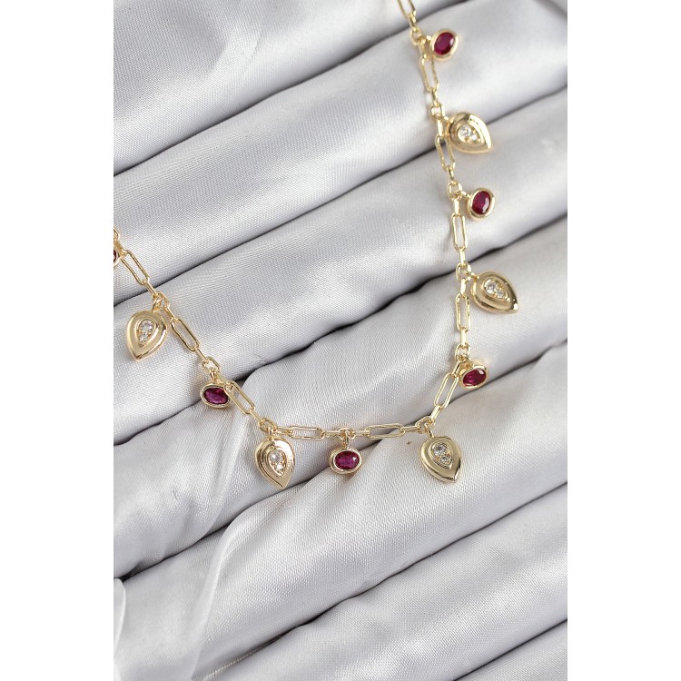 Pirinç Zirkon Taşlı Sallantılı Damla Model Gold Renk Kadın Kolye - TJ-BKO10495