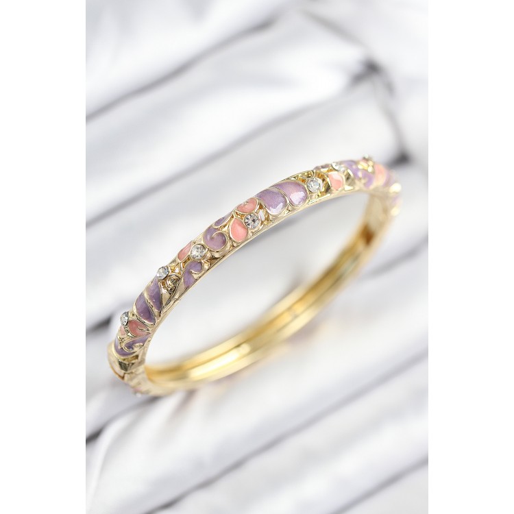 Gold Women's Bracelet with Pink and Purple Flower Motifs, Zircon Stones, and Gold Plating - TJ-BB7814