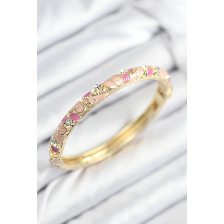 Gold Women's Bracelet with Pink Flower Motif, Zircon Stones, and Mineli Brass - TJ-BB7817