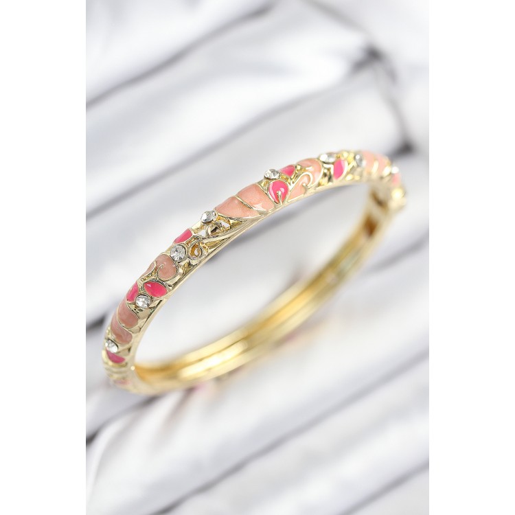 Gold Women's Bracelet with Pink Flower Motif, Zircon Stones, and Enamel - TJ-BB7818