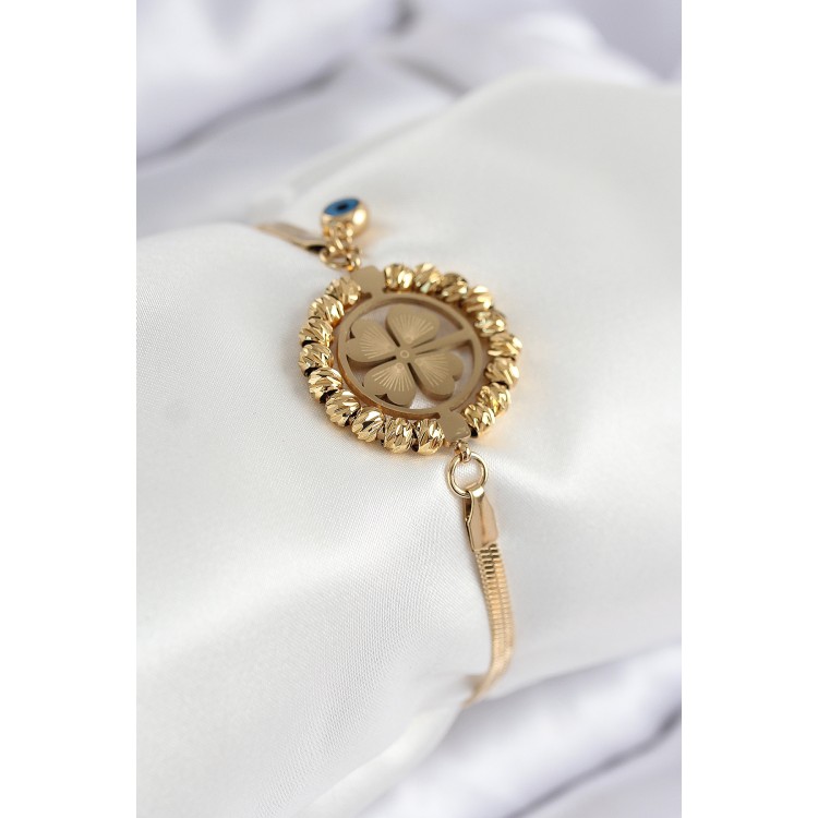 316L Stainless Steel Nazar Bead Detailed Clover Design Italian Chain Gold Color Women's Bracelet - TJ-BB7826