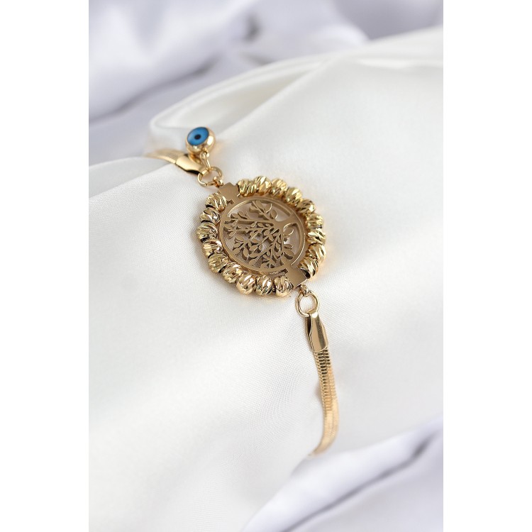 316L Stainless Steel Evil Eye Bead Detailed Tree of Life Design Italian Chain Gold Color Women's Bracelet - TJ-BB7827
