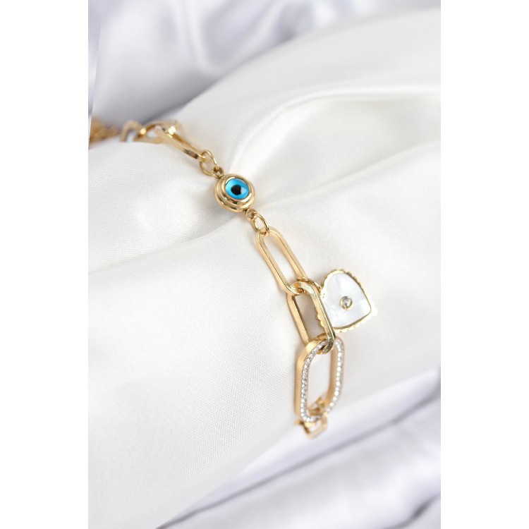 316L Stainless Steel Evil Eye Bead and Zircon Stone Heart Design Gold Color Women's Bracelet - TJ-BB7837