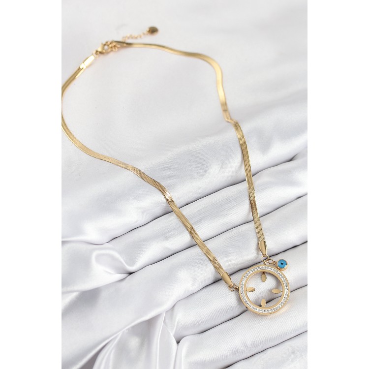 316L Çelik Zirkon Taşlı Çeyrek Takılabilir Gold Renk Kadın Kolye - TJ-BKO10506