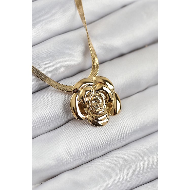 316L Çelik Gül Figürlü İtalyan Zincir Model Gold Renk Kadın Kolye - TJ-BKO10513