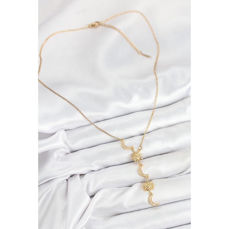 316L Çelik Zirkon Taşlı Güneş Ve Ay Model Gold Renk Kadın Kolye - TJ-BKO10548