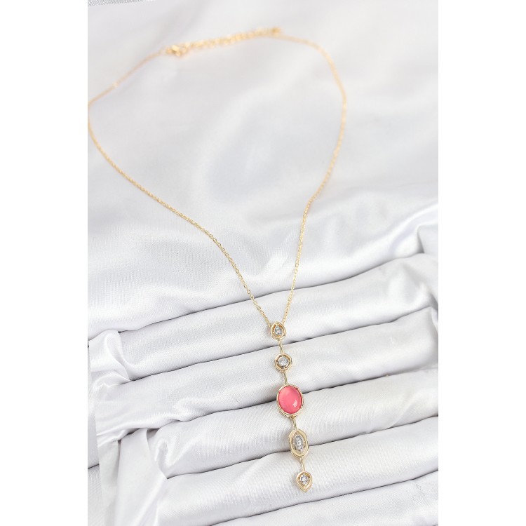 Pirinç Zincir Pembe Gold Renk Zirkon Taşlı Y Kolye - TJ-BKO10556