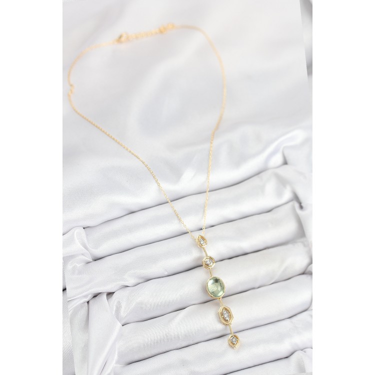 Pirinç Zincir Yeşil Gold Renk Zirkon Taşlı Y Kolye - TJ-BKO10557