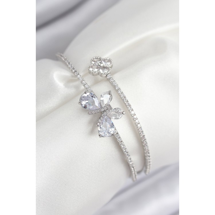 Silver-Colored Women's Bracelet with Zircon Stone Butterfly and Clover Design - TJ-BB7850