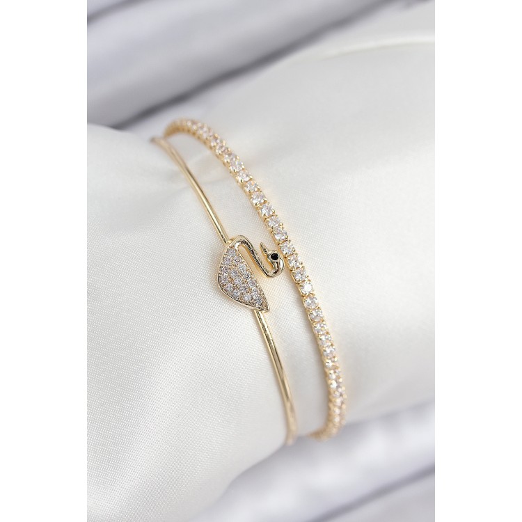Pirinç Zirkon Taşlı Kuğu Model Gold Renk Kadın Bileklik - TJ-BB7889