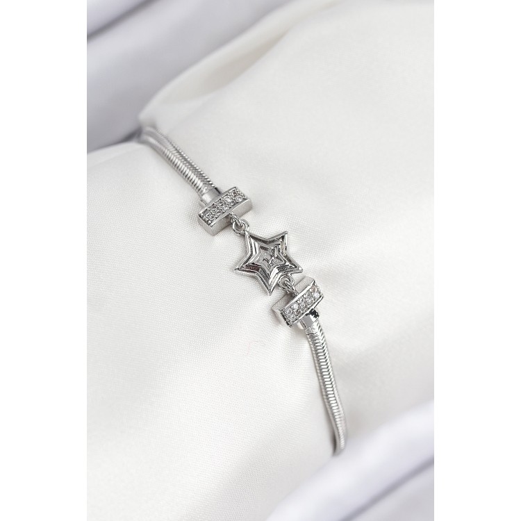 Silver-Colored Women's Bracelet with Zircon Stone Star Design - TJ-BB7902