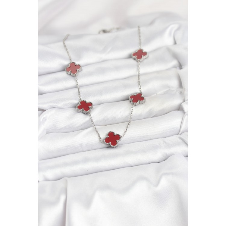 316L Çelik Zincir Gümüş Renk Bordo Renk Yonca Kadın Kolye - TJ-BKO10569