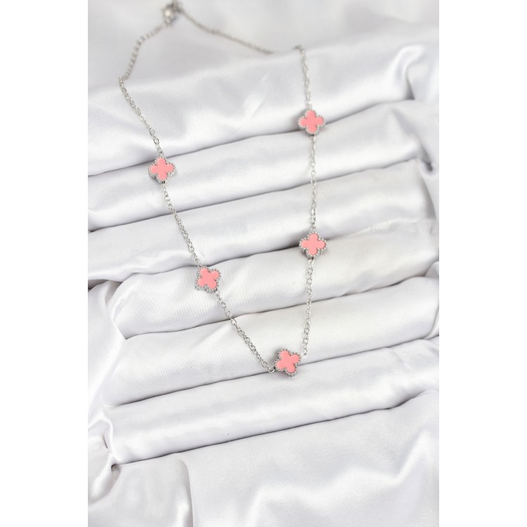 316L Çelik Zincir Gümüş Renk Pembe Baby Boy Yonca Kadın Kolye - TJ-BKO10579