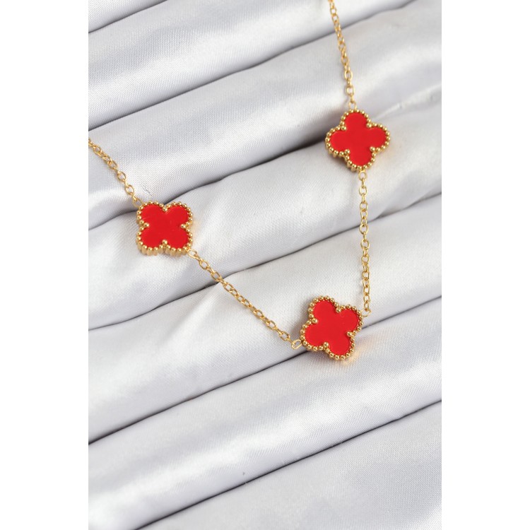316L Çelik Zincir Gold Kırmızı Renk Yonca Kadın Kolye - TJ-BKO10585