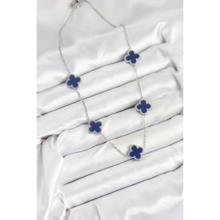 316L Çelik Zincir Gümüş Lacivert Renk Yonca Kadın Kolye - TJ-BKO10587