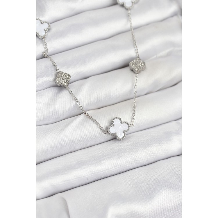 316L Çelik Zincir Gümüş Renk Beyaz ve Zirkon Taşlı Yonca Kadın Kolye - TJ-BKO10588