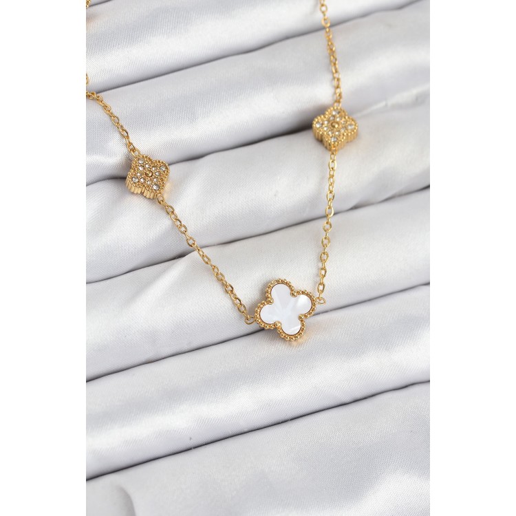 316L Çelik Zincir Gold Renk Beyaz ve Zirkon Taşlı Yonca Kadın Kolye - TJ-BKO10590