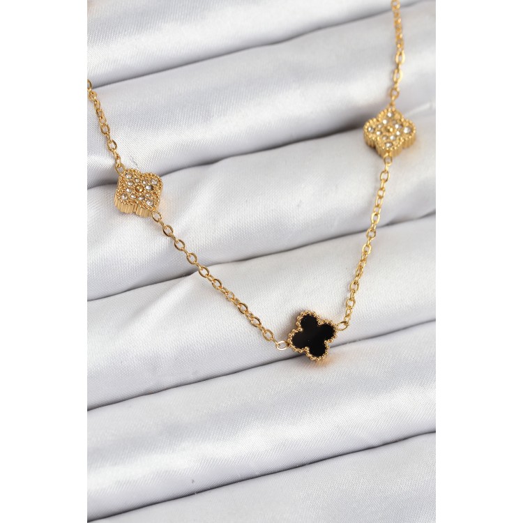 316L Çelik Zincir Gold Renk Siyah ve Zirkon Taşlı Baby Boy Yonca Kadın Kolye - TJ-BKO10592