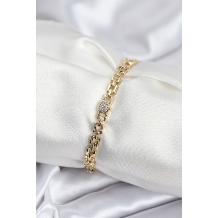 Pirinç VIP Seri Gold Renk Zincir Model Kalpli Zirkon Taşlı Kadın Bileklik - TJ-BB7929