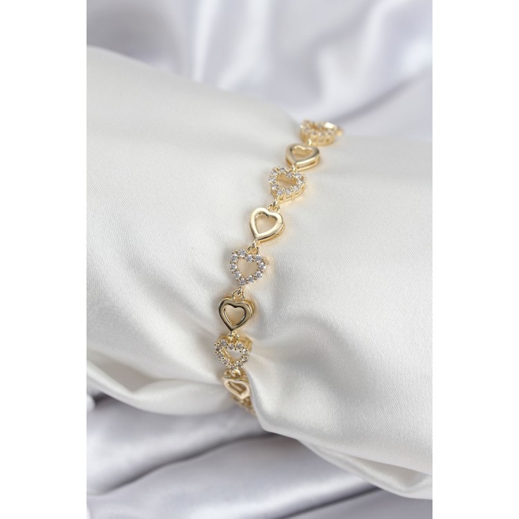 Pirinç VIP Seri Gold Renk Sıralı Kalp Model Kadın Bileklik - TJ-BB7935