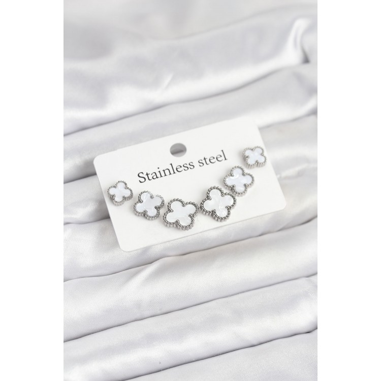 316L Çelik Gümüş Beyaz Renk 3 Boy Yonca Küpe Seti - TJ-BKP11236