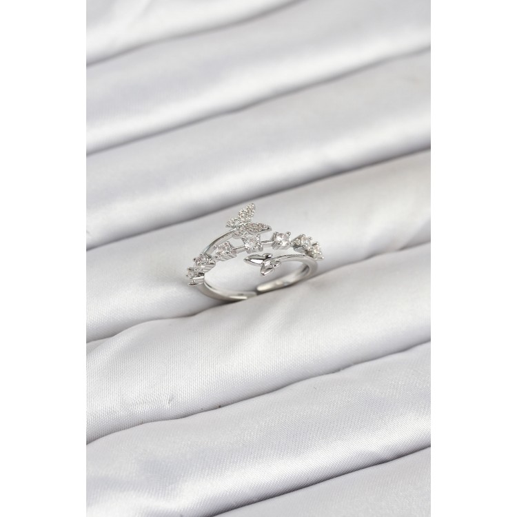 Brass Silver Zircon Stone Butterfly Model Women's Ring - TJ-BYK3851