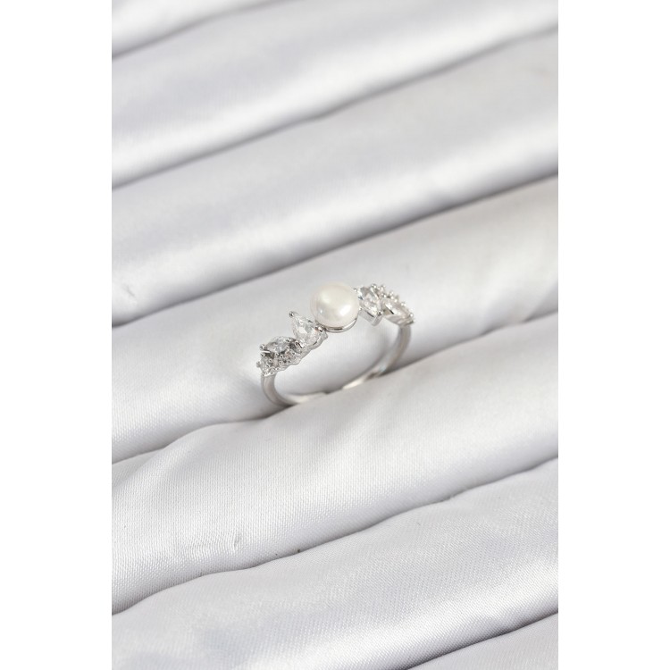 Brass Silver Zircon Pearl Model Women's Ring - TJ-BYK3853