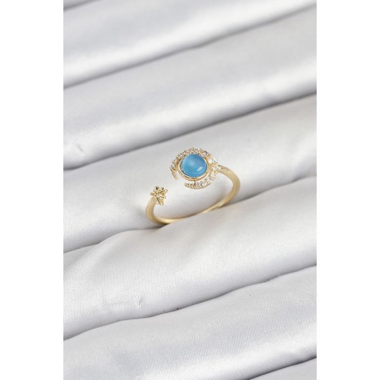 Brass Gold Zircon Stone Crescent Star Women's Ring - TJ-BYK3860