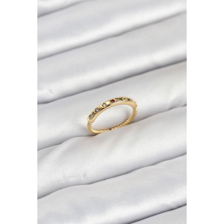 Pirinç Gold Renk Renkli Zirkon Taşlı Kadın Yüzük - TJ-BYK3884