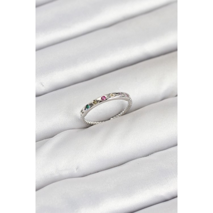 Pirinç Gümüş Renk Renkli Zirkon Taşlı Kadın Yüzük - TJ-BYK3885