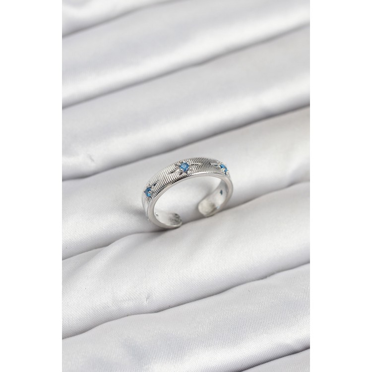 Pirinç Gümüş Renk Mavi Zirkon Taşlı Kutup Yıldızı Model Kadın Yüzük - TJ-BYK3897