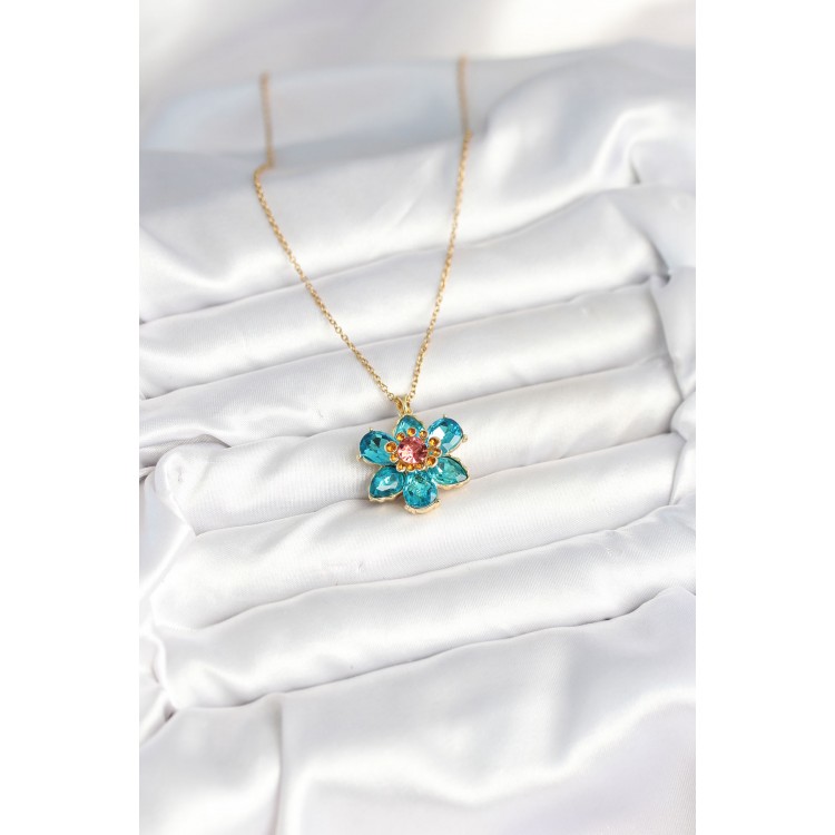 316L Çelik Zincirli Mavi Çiçek Model Kadın Kolye - TJ-BKO10598