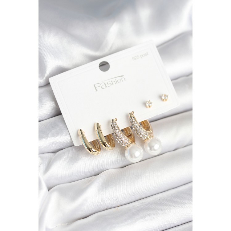 Pirinç Gold Renk Zirkon Taşlı İnci Detaylı 925 Ayar Gümüş Çivili Kadın Küpe Seti - TJ-BKP11252