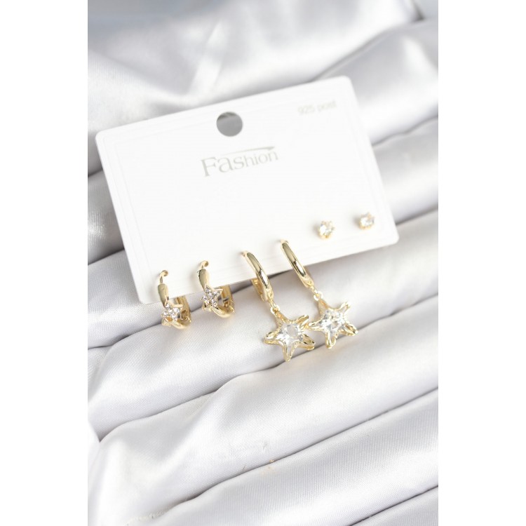 Pirinç Gold Renk Yıldız Model 925 Gümüş Çivili Kadın Küpe Seti - TJ-BKP11256