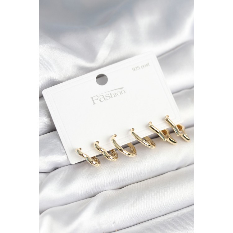 Pirinç Gold Renk Kalp Yıldız ve Halka Model 925 Ayar Gümüş Çivili Kadın Küpe Seti - TJ-BKP11262