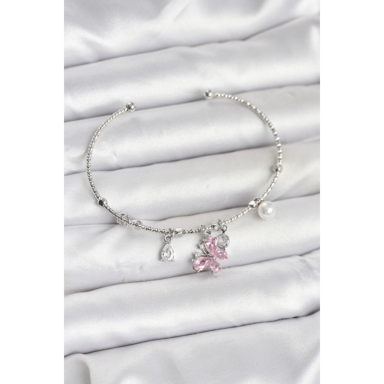 Pink Butterfly Charm Silver Women's Bracelet - TJ-BB8032