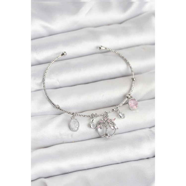 Hayat Ağacı Charmlı Gümüş Renk Pirinç Kadın Bileklik - TJ-BB8038